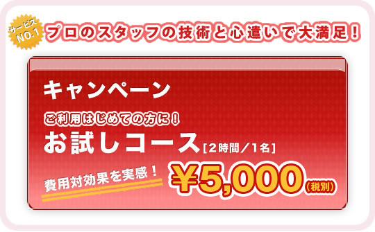 お得なキャンペーン情報！ご利用はじめての方に！大そうじコミコミパック【5時間まで／1名】￥15,000ポッキリ！